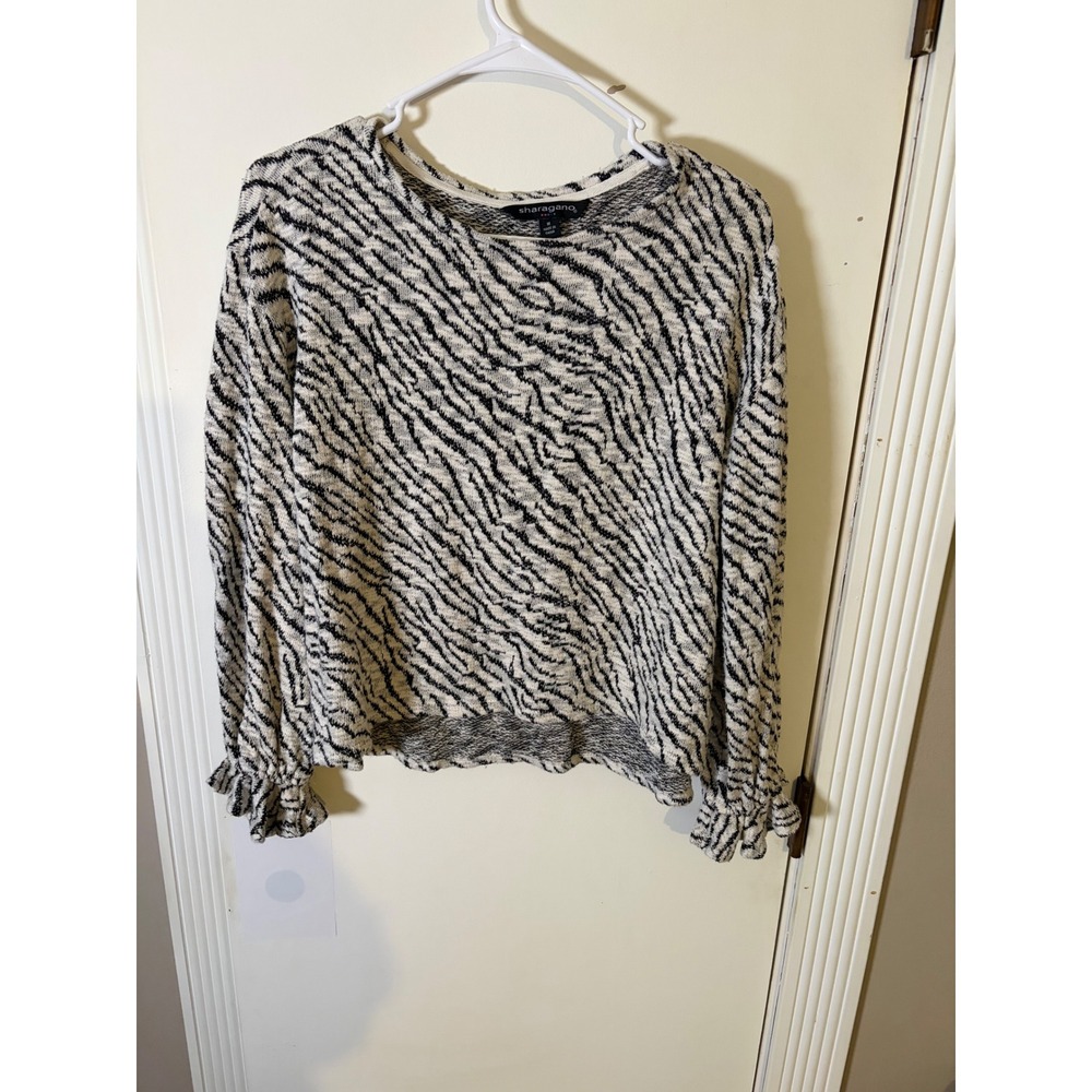 Sharagano Womens Zebra Print Knit Top Black White Ruffle Cuff Sweater Medium